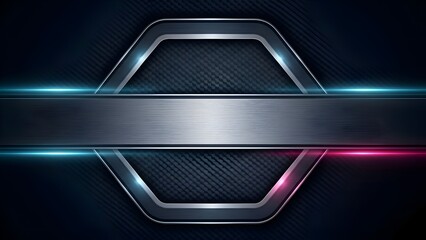 A futuristic metallic logo frame on a dark carbon fiber texture, featuring neon blue and pink light accents with a brushed steel banner.