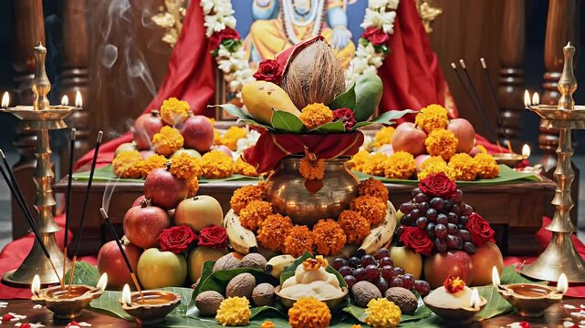 Traditional Satyanarayan Puja setup for Phalguna Purnima, Brass Kalash, banana leaves, and fruits on wooden platform with golden diya light