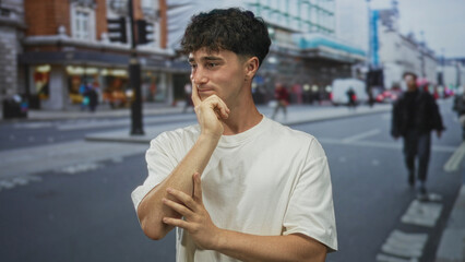 Man with finger to lips on street near shops and blurred traffic, wearing white tee and looking...