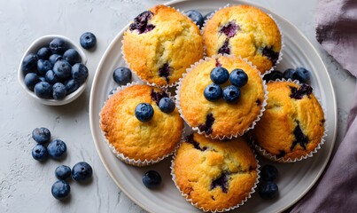 Blueberry almond muffins, small golden almond flour muffins with visible blueberries bursting on top and a tender crumb, arranged in a group
