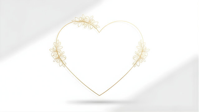 Elegant Valentine frame on white background thin gold heart border with subtle floral corners, centered blank space for text, luxury aesthetic, social media post template 