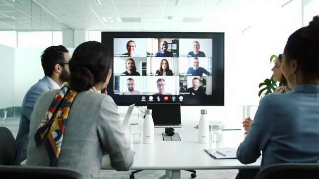 Diverse business team in smart-casual attire in a modern minimalist office, engaged in a seamless hybrid meeting with remote colleagues on screen. Global collaboration concept