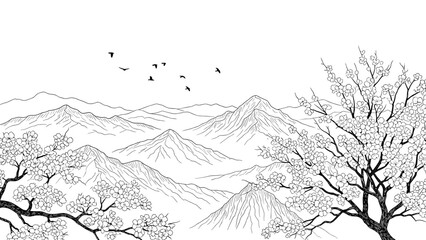 Fototapeta premium Scenic mountain landscape with cherry blossoms and birds in black and white line art