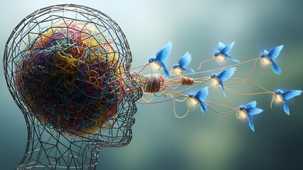 3D render of a wireframe head with tangled thoughts releasing blue birds into nature, symbolizing mental well-being concept