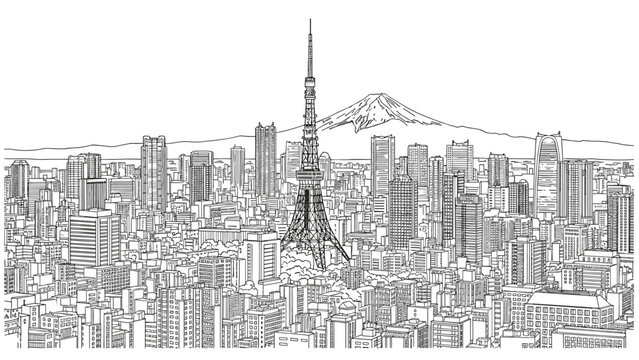 Tokyo cityscape with tokyo tower and mount fuji in detailed line art style