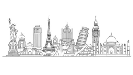 Obraz premium Iconic global landmarks line art design featuring famous architectural marvels