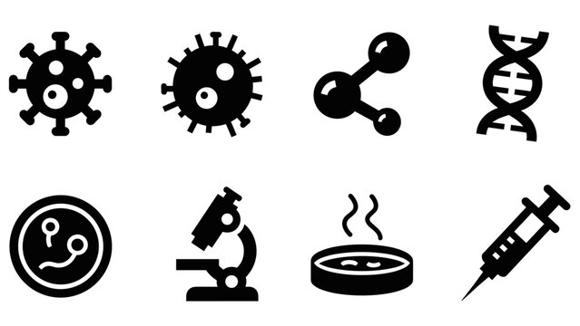 Biology and microbiology icon set featuring virus, microscope, and dna elements in silhouette