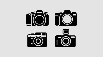 a collection of four simple black silhouette icons depicting various styles of vintage and modern camera designs against a light gray background high quality professional detailed
