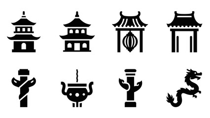 Traditional chinese architecture and cultural symbols silhouette icons