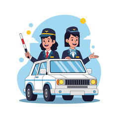 Cartoon police officer in uniform driving a police car with a gun in a fun vector illustration