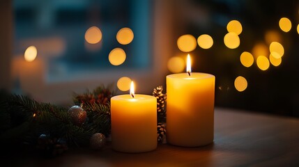 Glowing candles lighting cozy room with warm bokeh during festive night