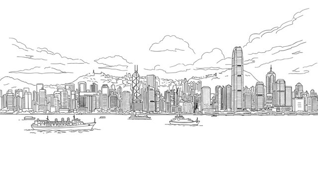 Cityscape of hong kong skyline with boats and skyscrapers in detailed line art illustration