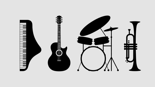 a collection of musical instruments including a piano guitar drum kit trombone and trumpet are neatly arranged in a row on a white background high quality