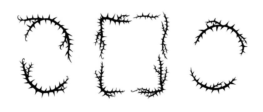 Thorn vine frames and borders vector set. Black twisted thorn branches, barbed stems, creepy patterns. Isolated design elements for tattoos, gothic art, religious symbols.