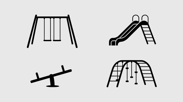 a simple illustration depicts playground equipment including a swing set a slide with ladder seesaw and climbing structure in black high quality professional detailed modern elegant