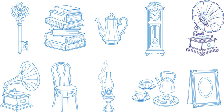 Vintage antique objects and furniture collection in blue line style