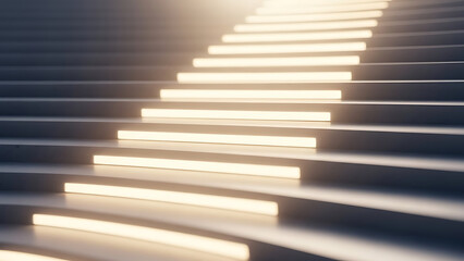 Obraz premium Abstract minimalist white staircase with warm glowing lights casting long shadows
