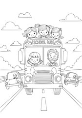 Naughty kids on the school bus. coloring book