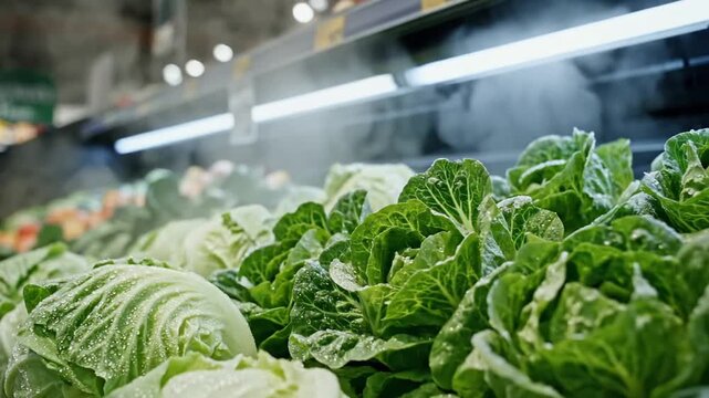Fresh Green Lettuce and Cabbage Displayed in a Supermarket Produce Section with Misting System Showing Water Droplets and Steam in Soft Lighting