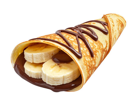 Delicious Banana and Chocolate Crepe Isolated on Transparent Background for Cafe Menu and Sweet Dessert Marketing Design