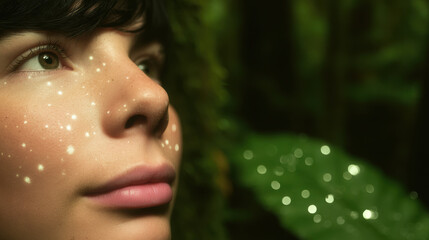 Young person portrait with soft bokeh light on face and dewy forest leaf, serene expression and natural skin glow