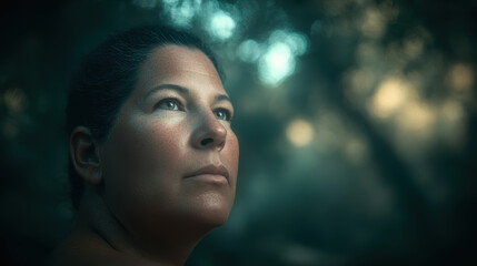 Confident woman portrait female adult outdoor forest natural light contemplative profile skin texture moody
