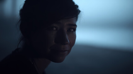 Young woman portrait with dramatic low light and reflective skin creating moody atmosphere