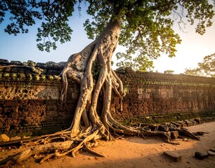 A large tree's intricate roots embrace a weathered stone wall, bathed in warm sunlight, creating a stunning visual display