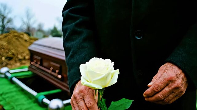 Somber close-up of an elderly person holding a single white rose near an open grave site during a solemn burial ceremony outdoors.
