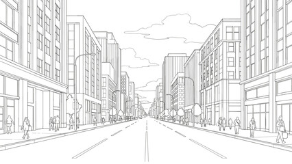 Urban street scene with skyscrapers and pedestrians in linear outline style