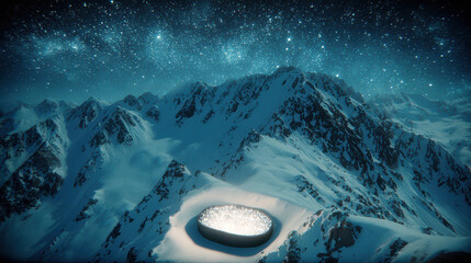 Snow mountain night sky starry view illuminated alpine bowl glowing snow under constellations, serene cold landscape with dramatic peaks