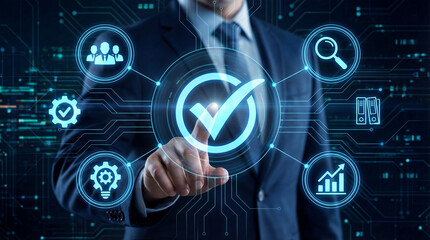 Businessman touching a large holographic checkmark icon. Concept of quality assurance, business validation, corporate standards, and successful project verification in a digital office space.