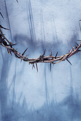 Crown of thorns representing sacrifice, suffering, and redemption on a textured background with blue shadows