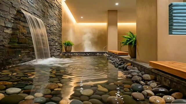 Serene indoor spa environment featuring a natural stone waterfall cascading into a tranquil river rock basin with soothing steam evident in the distance.