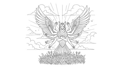 Fototapeta premium Mythical six-winged creature in linear style with radiant sky and floral background