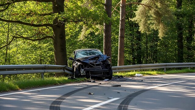 Damaged black car crashed into tree on road with guardrail  accident scene