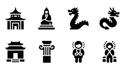 Obraz premium Silhouette icons of asian culture: temples, dragons, and monuments