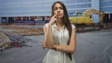 Fototapeta premium Young woman with finger to lips standing in front of excavator and construction building, wearing white dress and sleeveless pose; thoughtful uncertainty.