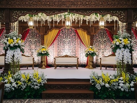 Lavish Indonesian Wedding Stage Adorned with Traditional Carvings