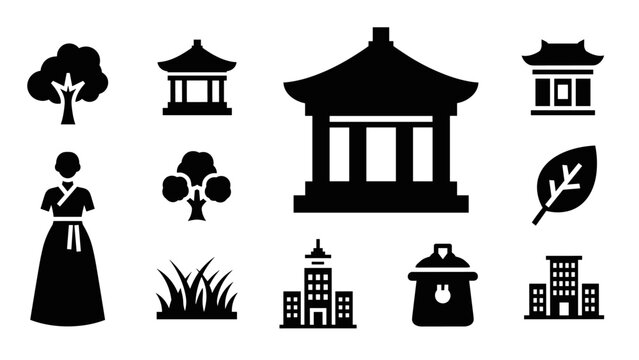 Silhouette asian architecture and nature icons featuring temples and cultural elements
