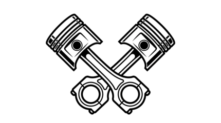 Conceptual Line Art Illustration of Crossed Engine Pistons, Mechanical Components Diagram on Black