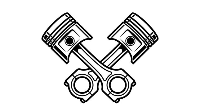 Conceptual Line Art Illustration of Crossed Engine Pistons, Mechanical Components Diagram on Black