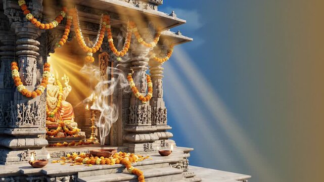 Rama Navami devotional banner, Divine temple sanctum with morning light and incense smoke on sky blue to warm gold gradient