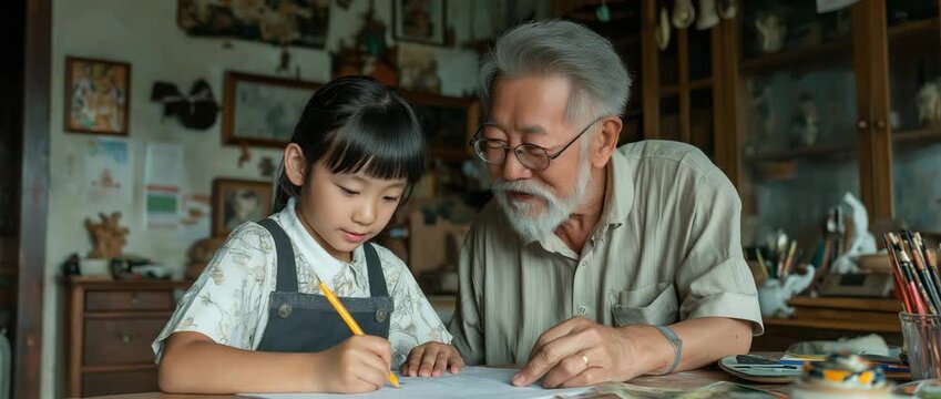 With guidance from her grandfather on education and study, a young Asian student is doing her class project at home.