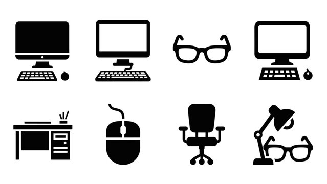 Silhouette office essentials icons: computer, desk, chair, gadgets for modern workspace - Powered by Adobe