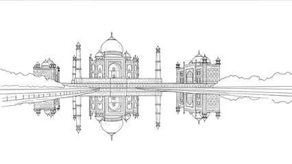 Fototapeta premium Linear outline of taj mahal with water reflection in monochrome design
