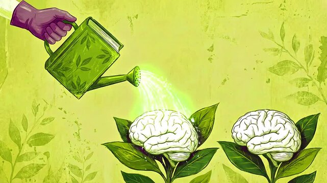 Artistic concept illustrating the nurturing of intellect through education, where a hand waters growing brains using a book shaped like a green watering can, symbolizing mental development.