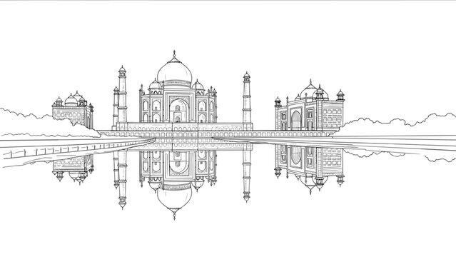 Linear outline of taj mahal with water reflection in monochrome design