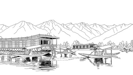 Scenic line art of lakeside boats and mountain landscape
