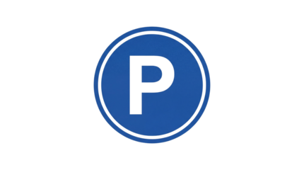 Blue circular parking symbol with black letter P on dark background, clear graphic illustration